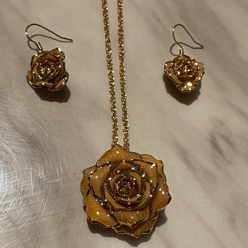 Gold Rose Pendant Necklace and Earring Set